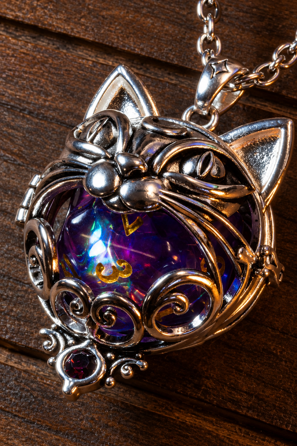 Close-up of the cat pendant in a silver finish, whiskers and scrolls over a purple holographic D20, purple crystal at the base