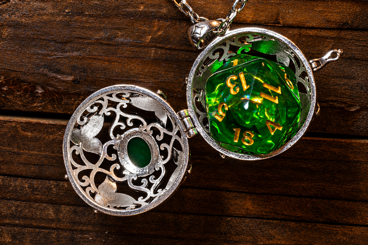 Elvish leaves pendant in a silver finish shown open on its hinge, a green D20 sitting inside, the leaf lid with its green cabochon beside it