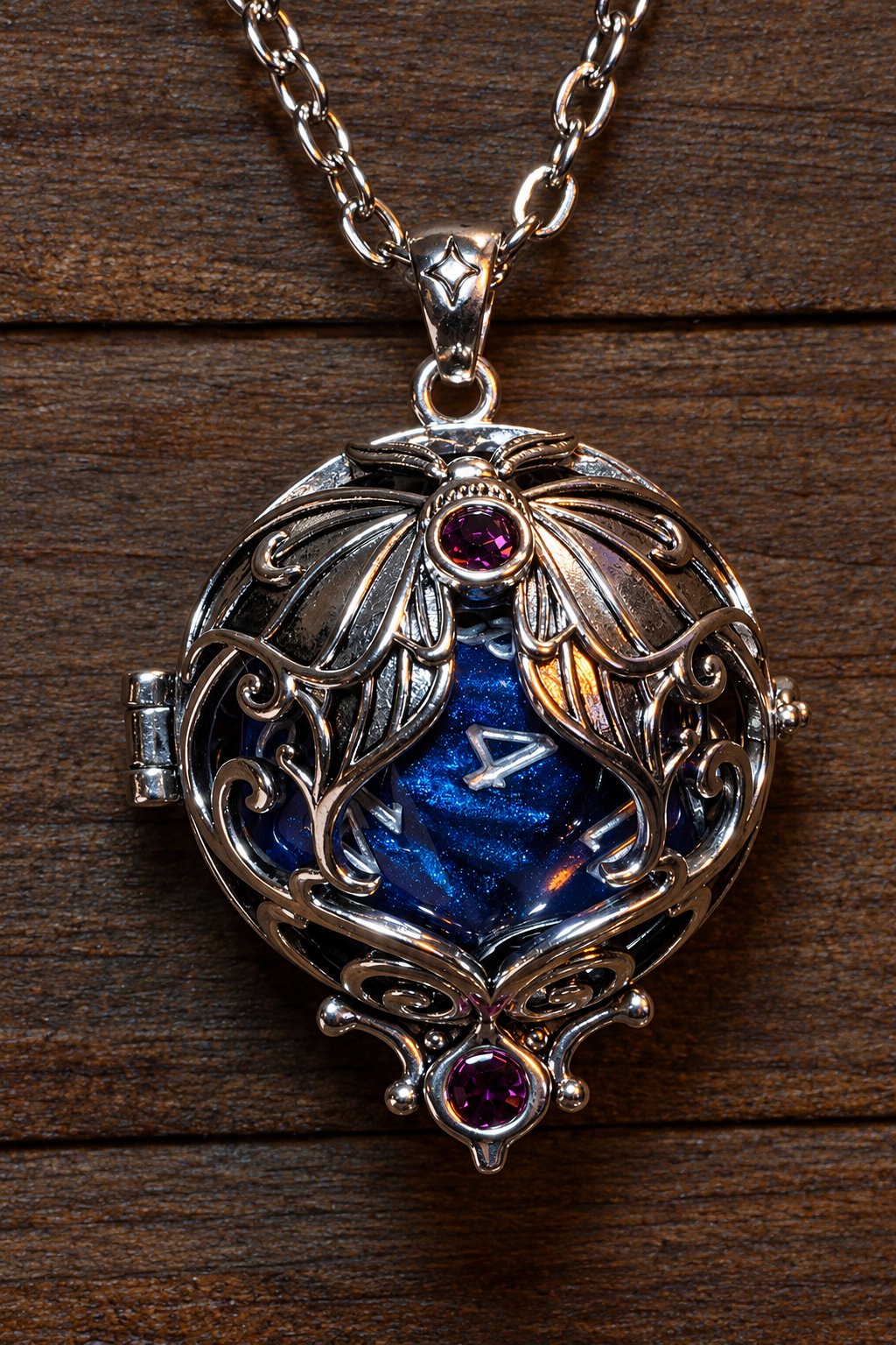 Lunar moth pendant in a silver finish with two purple crystals, holding a blue D20, hanging on its chain against wood