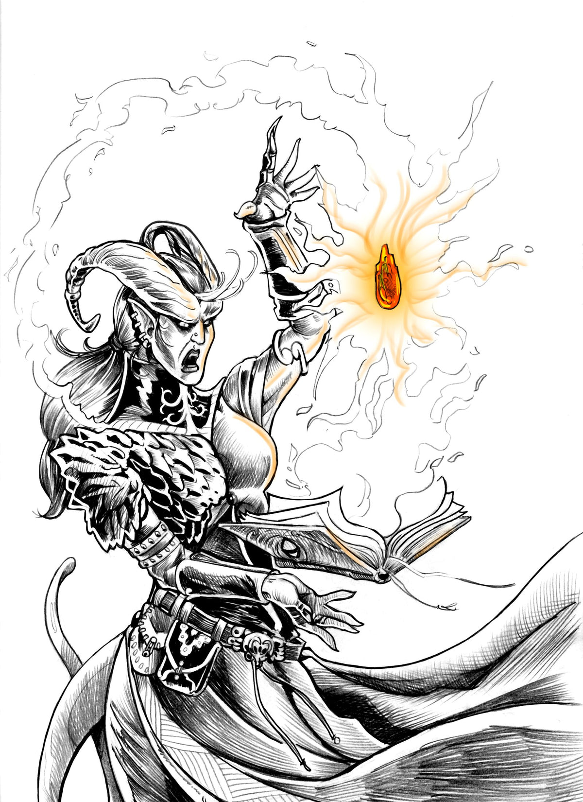 Every charge comes from somewhere: a sorceress pours her fire spell into the stone.