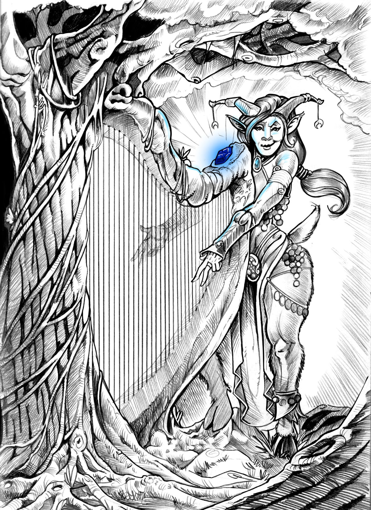Song is a ritual: a satyr plays a harp grown from an ancient tree, and the tree answers through the strings.