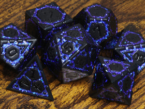 Midnight Vault dice set- Black metal dice with blue iridescent mica - The Wizard's Vault