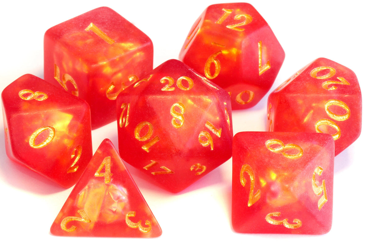 Dragon's Breath dice set, red-orange frosted resin with holographic inclusions