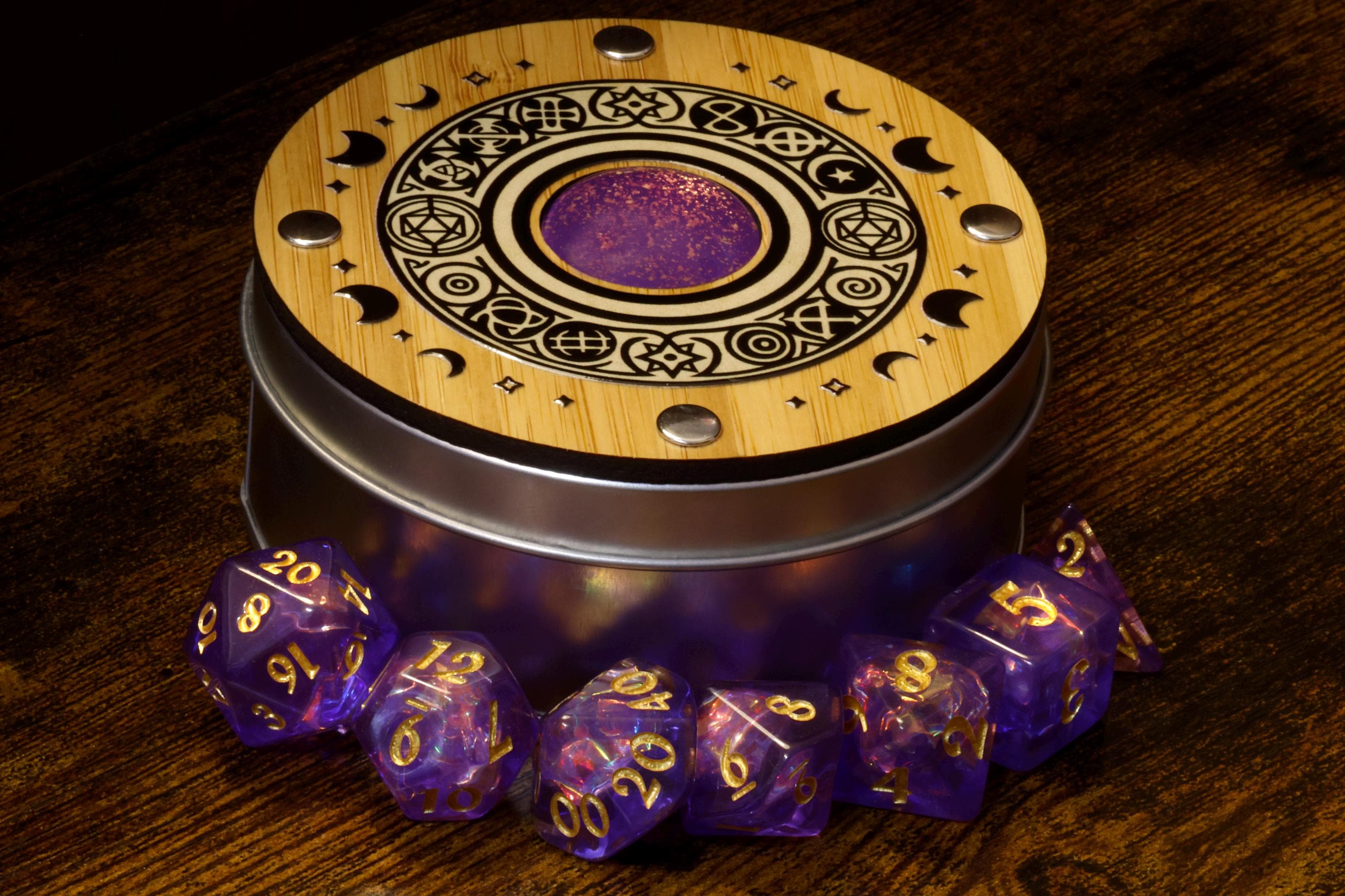Celestial Round Dice Box & Opal Dice Set