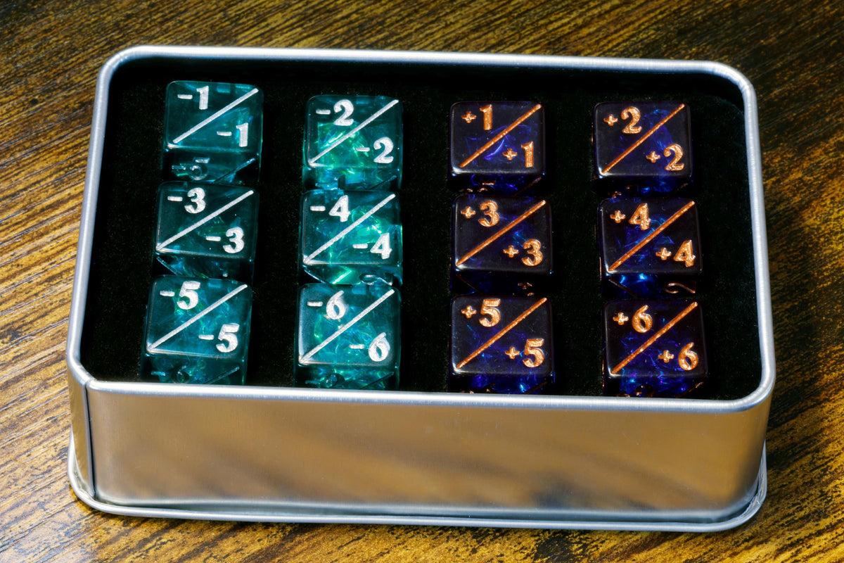 Dark Blue & Teal Counter Dice – 12-Piece +1/+1 and -1/-1 Token Set