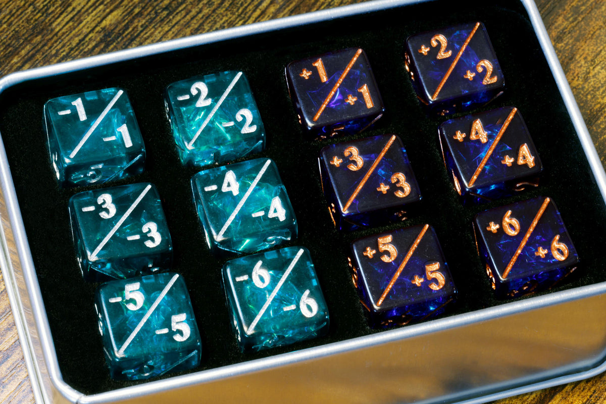 Dark Blue & Teal Counter Dice – 12-Piece +1/+1 and -1/-1 Token Set