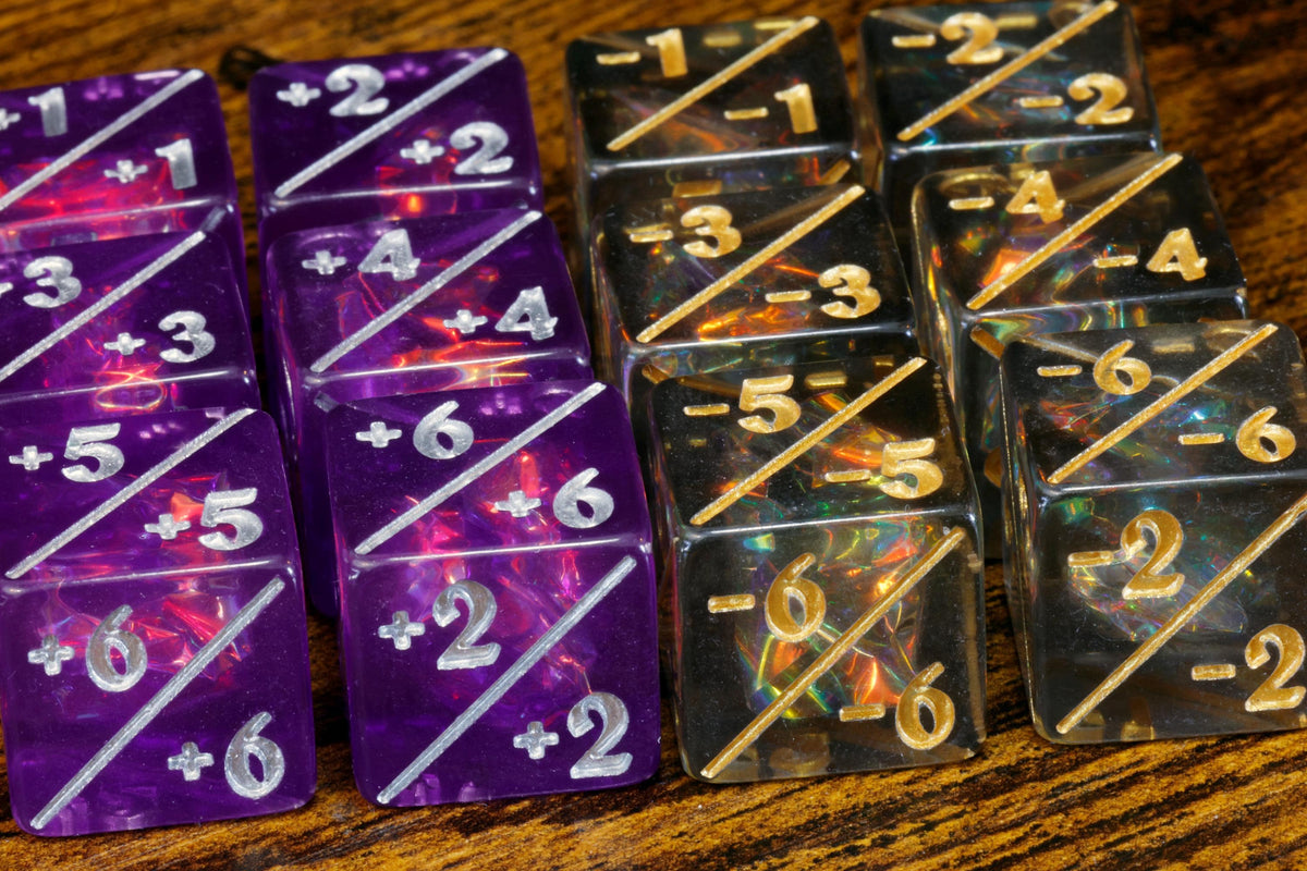 Opal Counter Dice – 12-Piece +1/+1 and -1/-1 Token Set, Purple and Grey