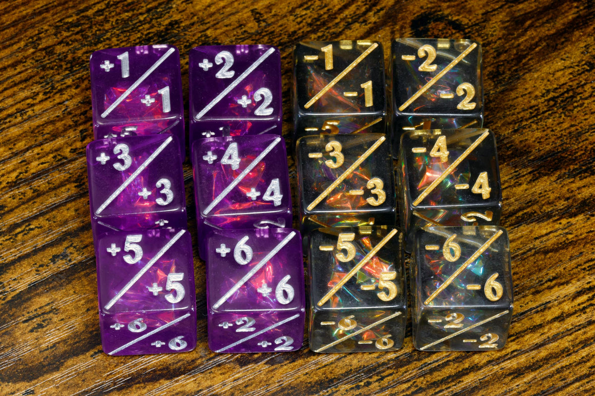 Purple & Grey Counter Dice – 12-Piece +1/+1 and -1/-1 Token Set