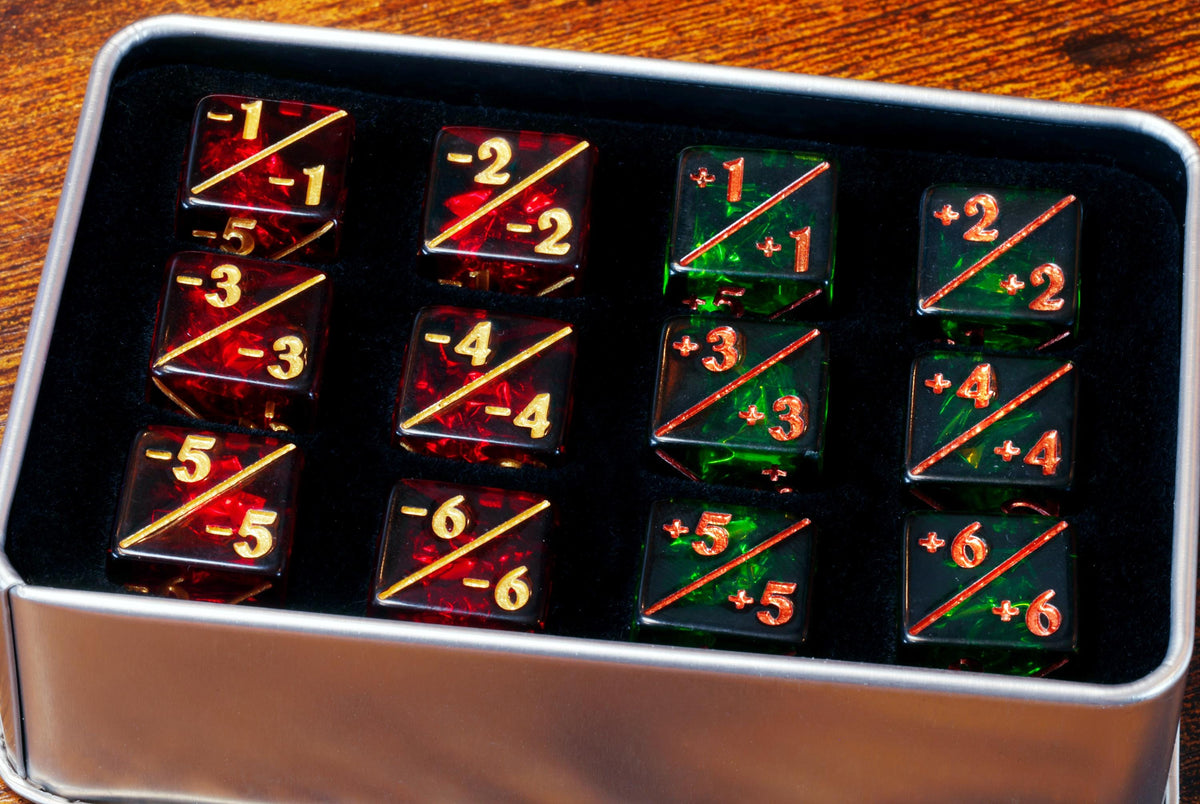 Green & Red Counter Dice – 12-Piece +1/+1 and -1/-1 Token Set