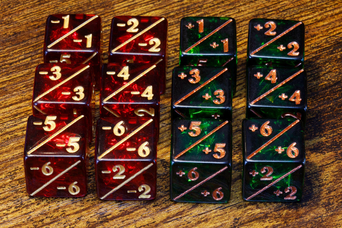 Green & Red Counter Dice – 12-Piece +1/+1 and -1/-1 Token Set