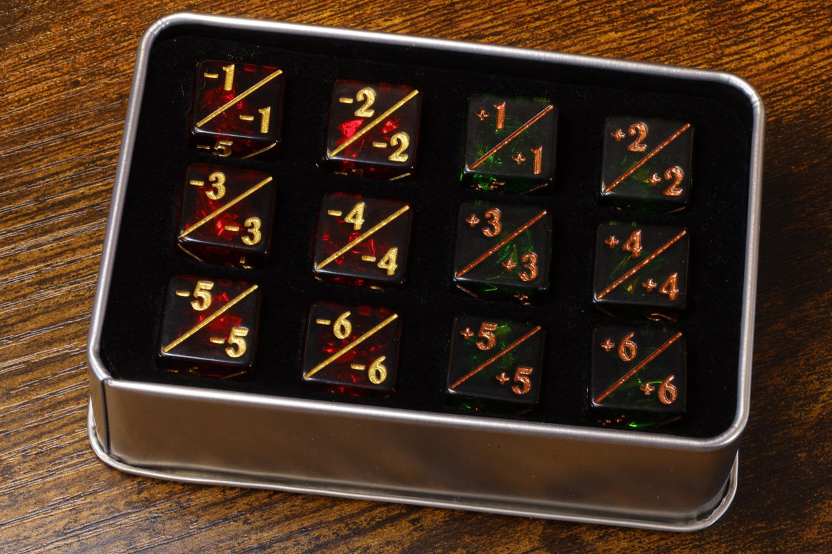 Green & Red Counter Dice – 12-Piece +1/+1 and -1/-1 Token Set