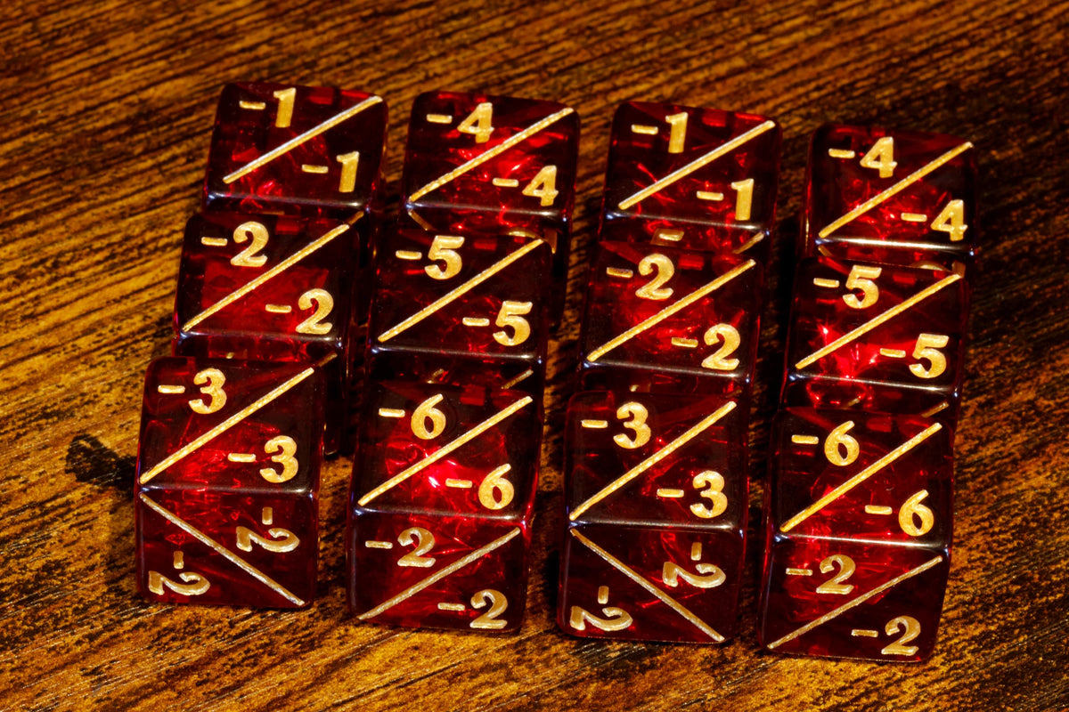 Cherry Opal Counter Dice – 12 Red -1/-1 Token Counters