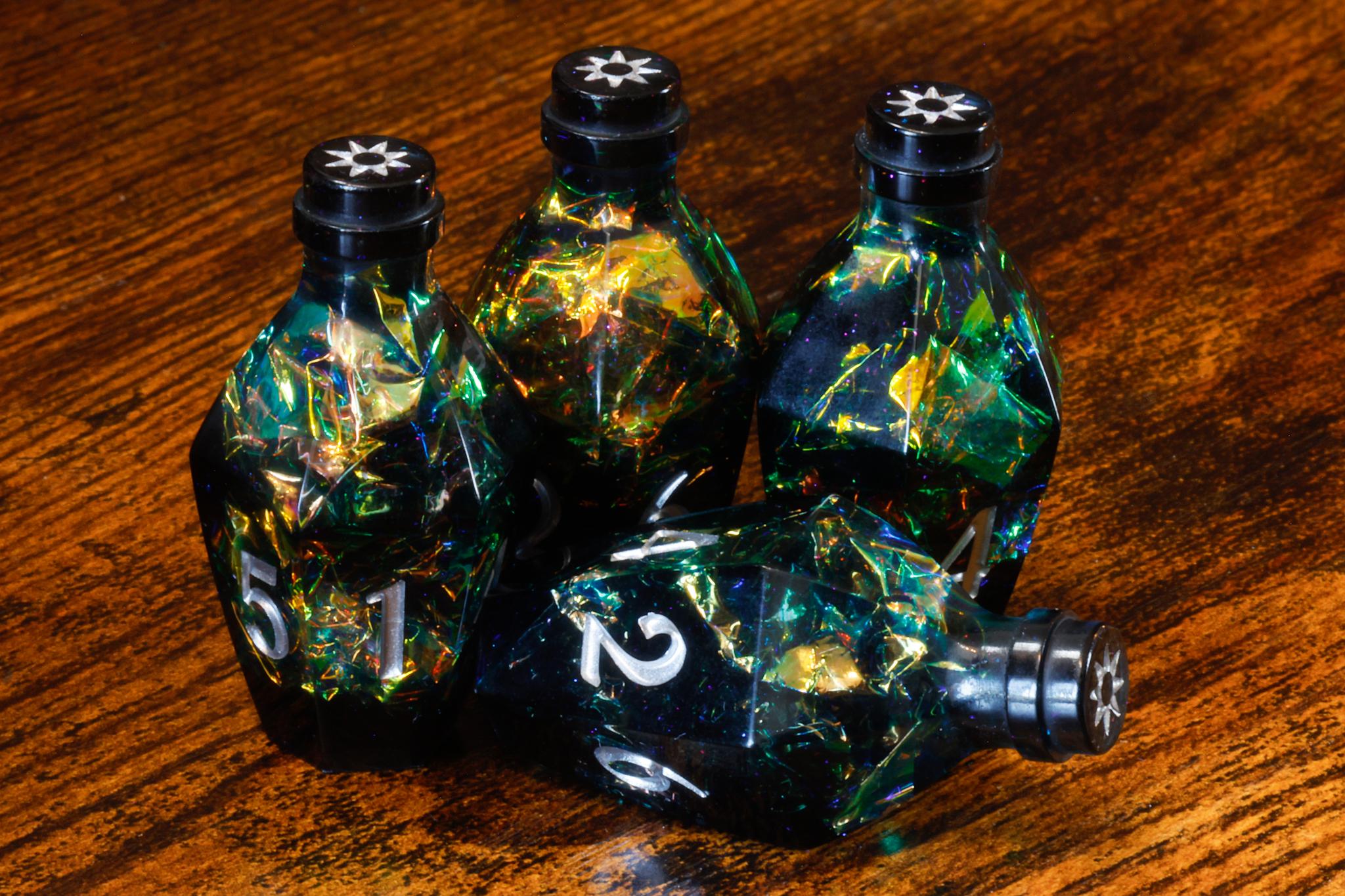 Shadowborn Phial D6 Potion Dice – Dark Grey Resin with Holographic Foil