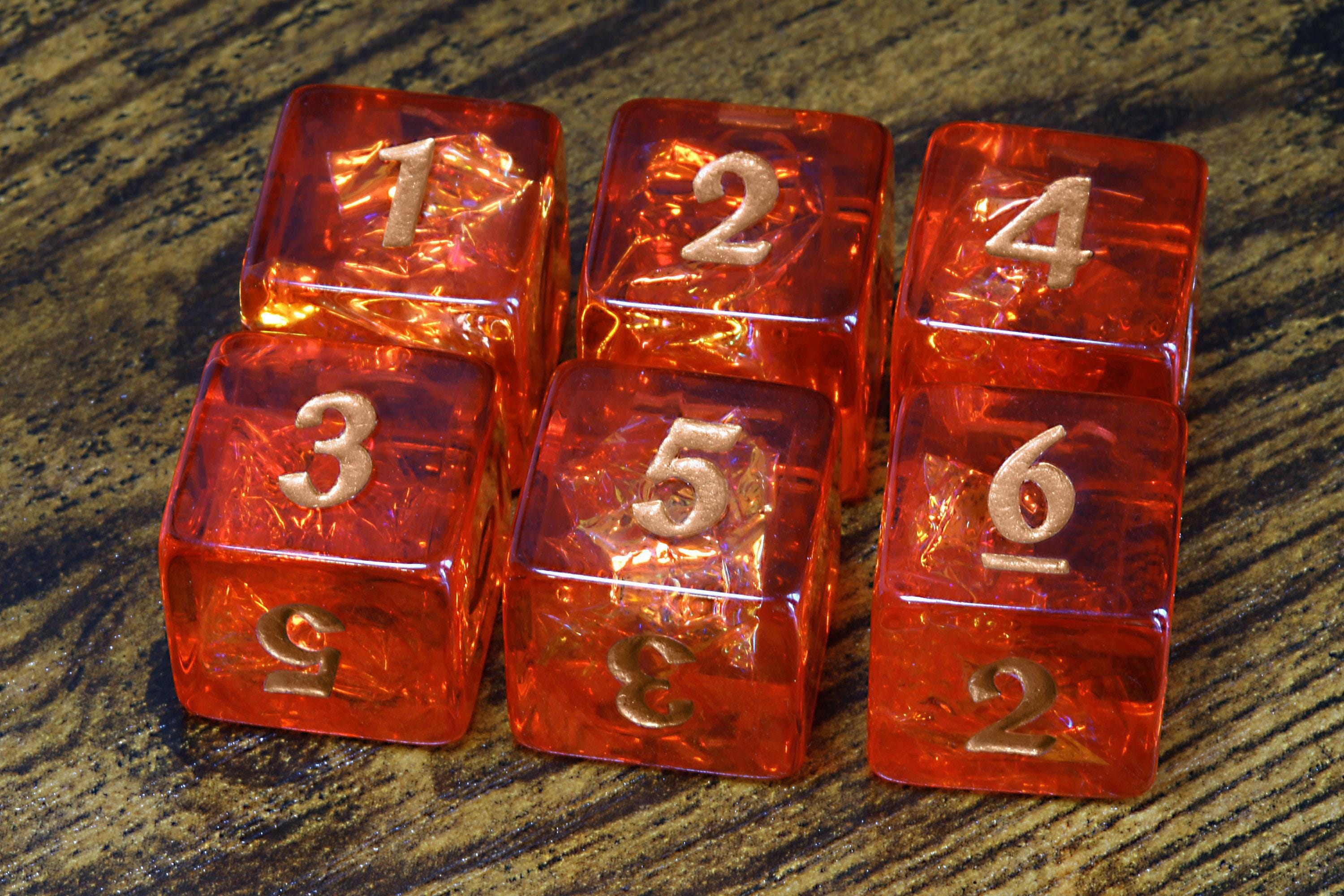 Fire Opals D6 Dice – Red Holographic Inclusions & Translucent Glitter, Iridescent Finish