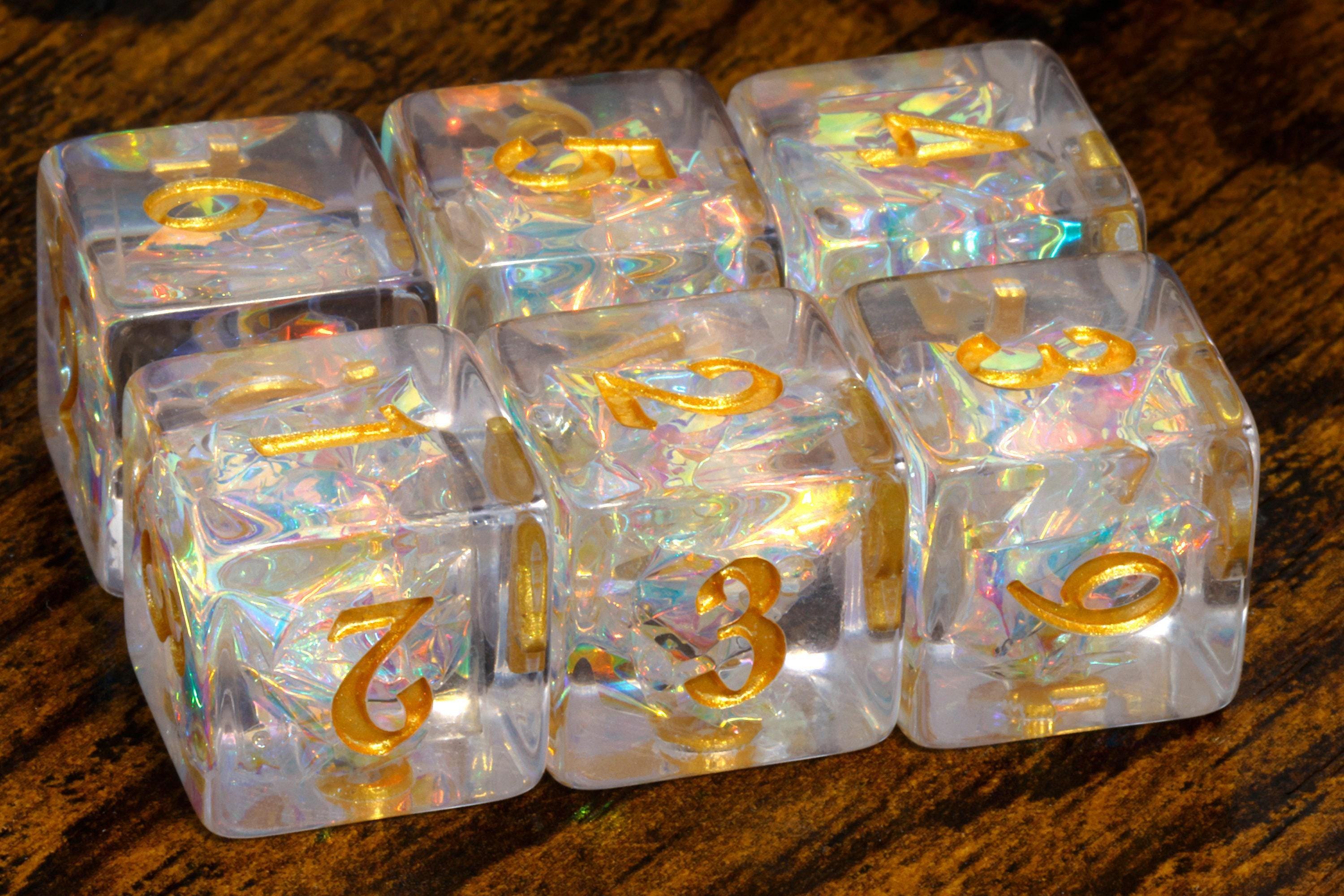 Sacred Opals D6 Dice – Clear with Holographic Inclusions, Iridescent Acrylic Film, Holographic Glitter