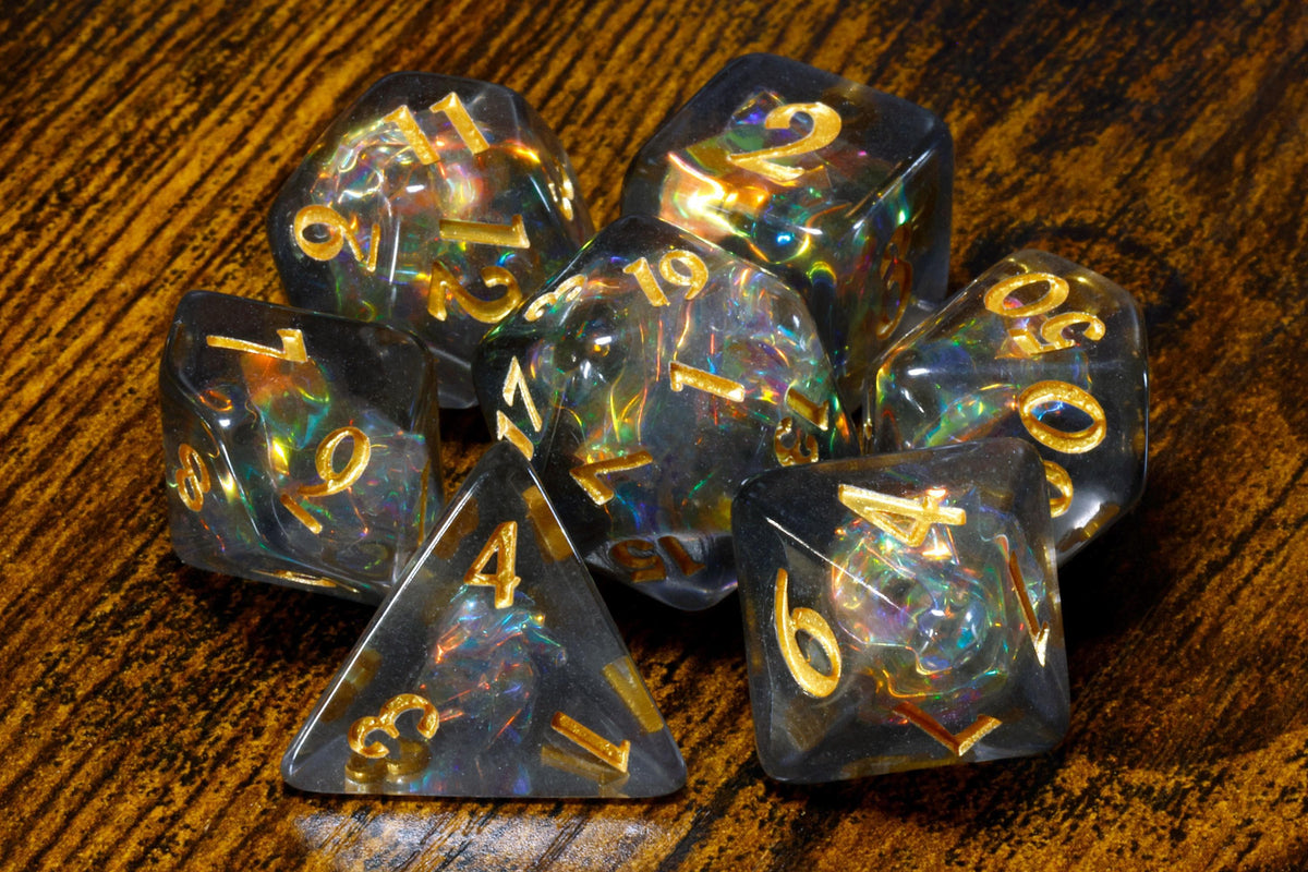 Shadow Opal dice set, smoky resin with holographic shimmer
