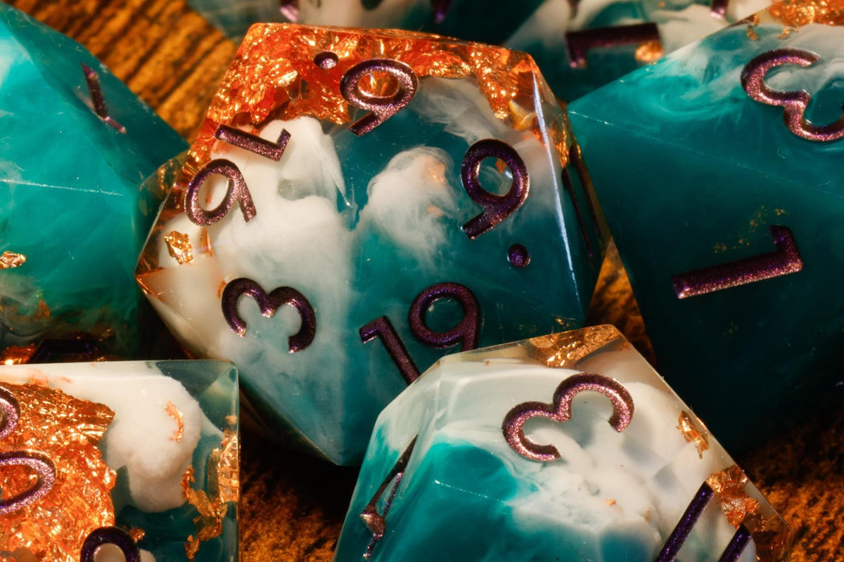 Verdant Elixir 7-Piece Sharp Edge Dice Set – Green and White Resin with Copper Flakes – photo 1