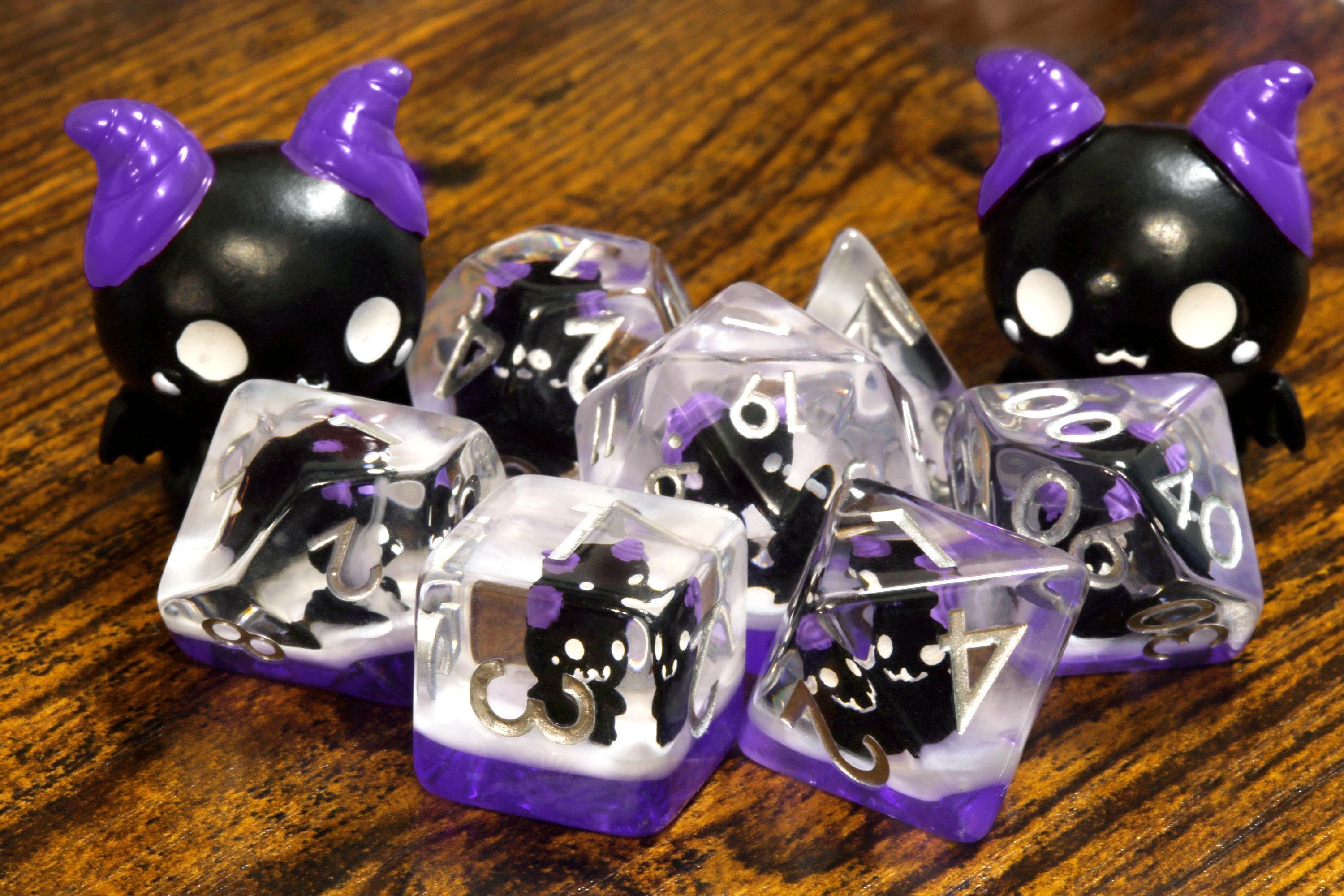 Eldritch Cat 7-Piece Dice Set – Winged Cats with Purple Horns