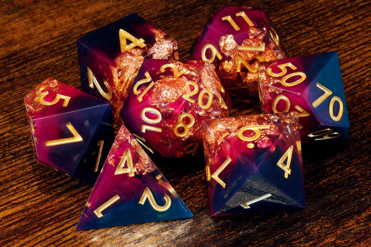 Vampire's Elixir 7-Piece Sharp Edge Dice Set – Deep Red and Dark Resin with Copper Flakes – photo 1