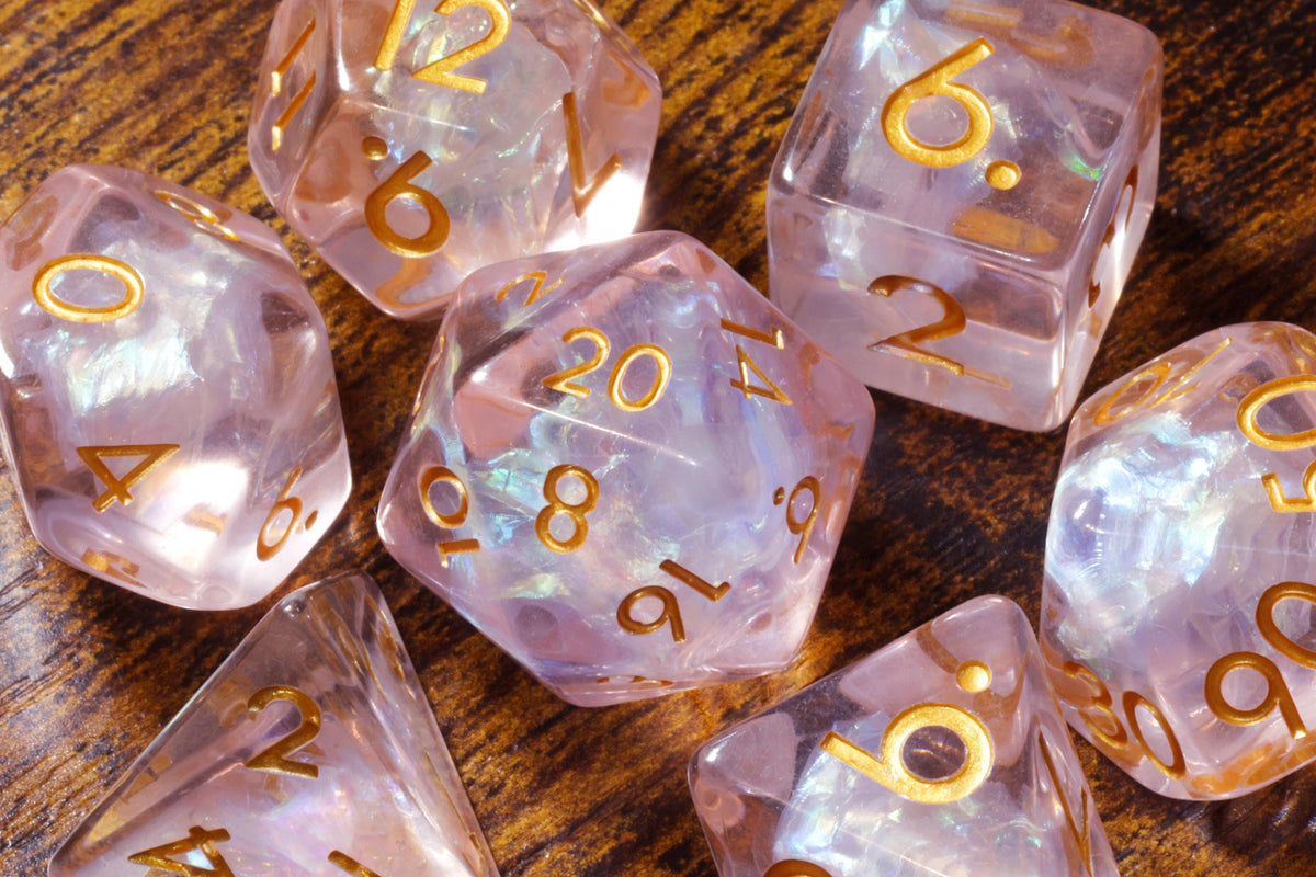 Roselight Prism 7-Piece Dice Set – Light Pink Clear Resin with Holographic Foil
