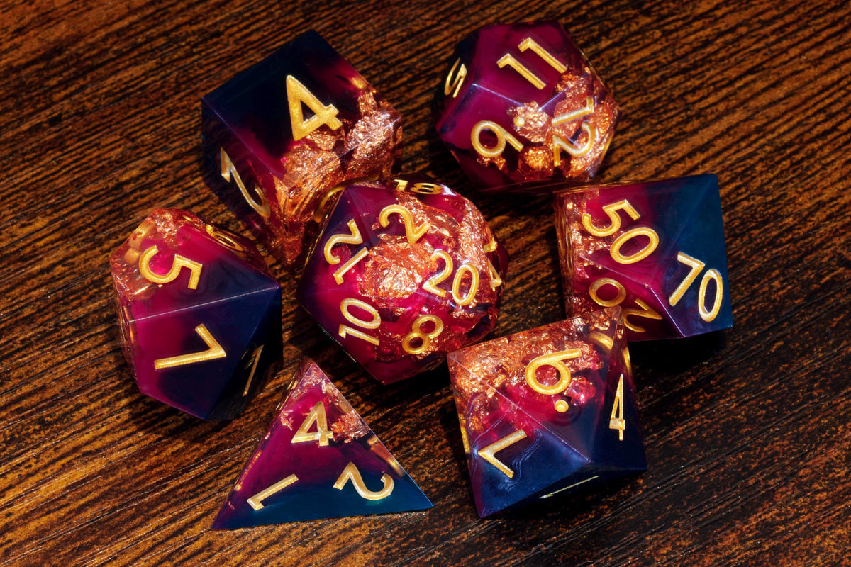 Vampire's Elixir 7-Piece Sharp Edge Dice Set – Deep Red and Dark Resin with Copper Flakes – photo 3