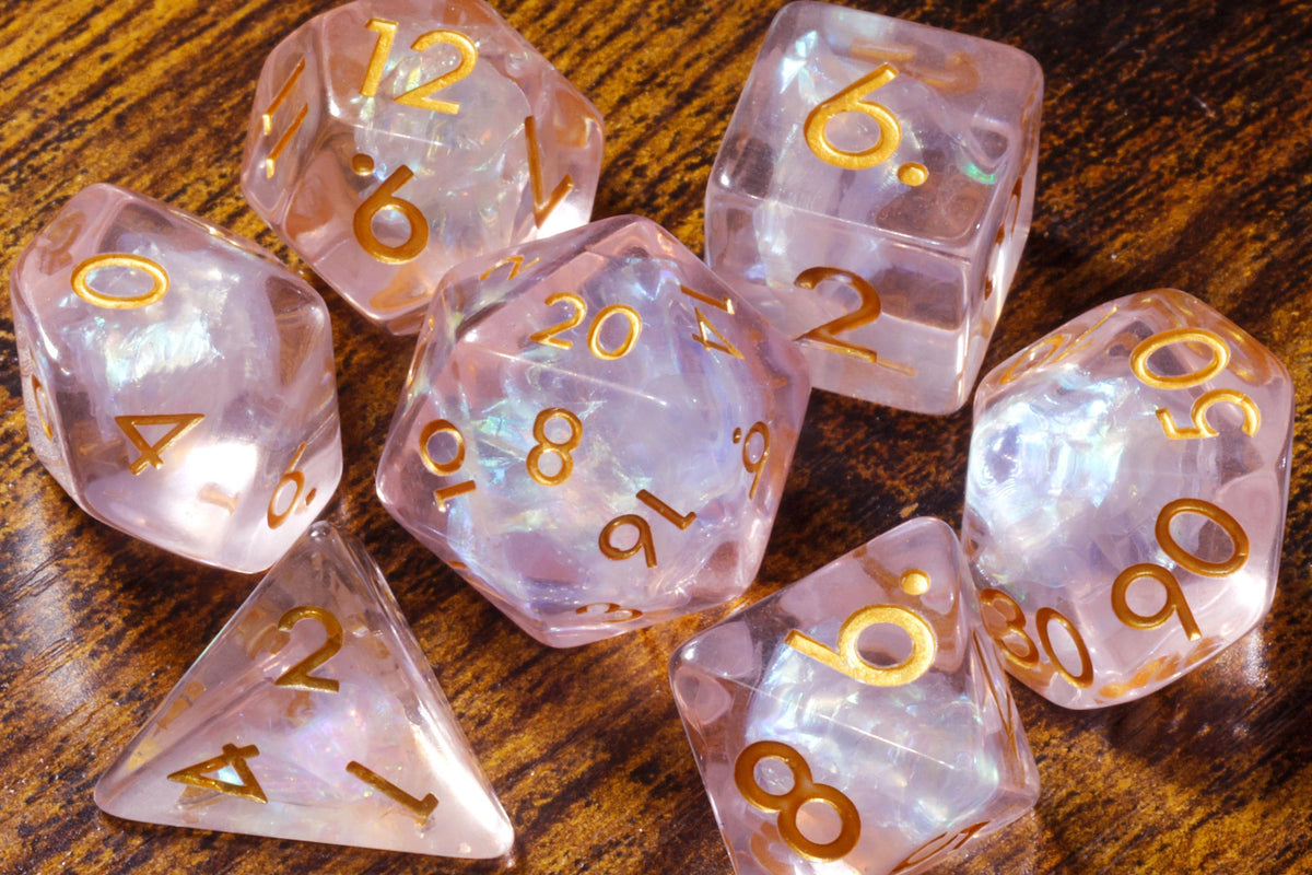 Roselight Prism 7-Piece Dice Set – Light Pink Clear Resin with Holographic Foil
