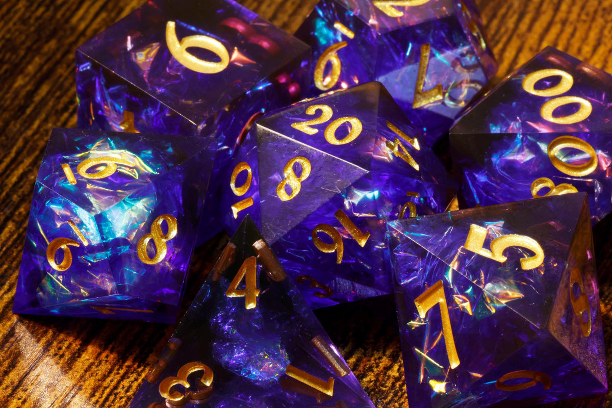 Sacred Amethyst 7-Piece Sharp Edge Dice Set – Purple and Blue with Holographic Foil – photo 1