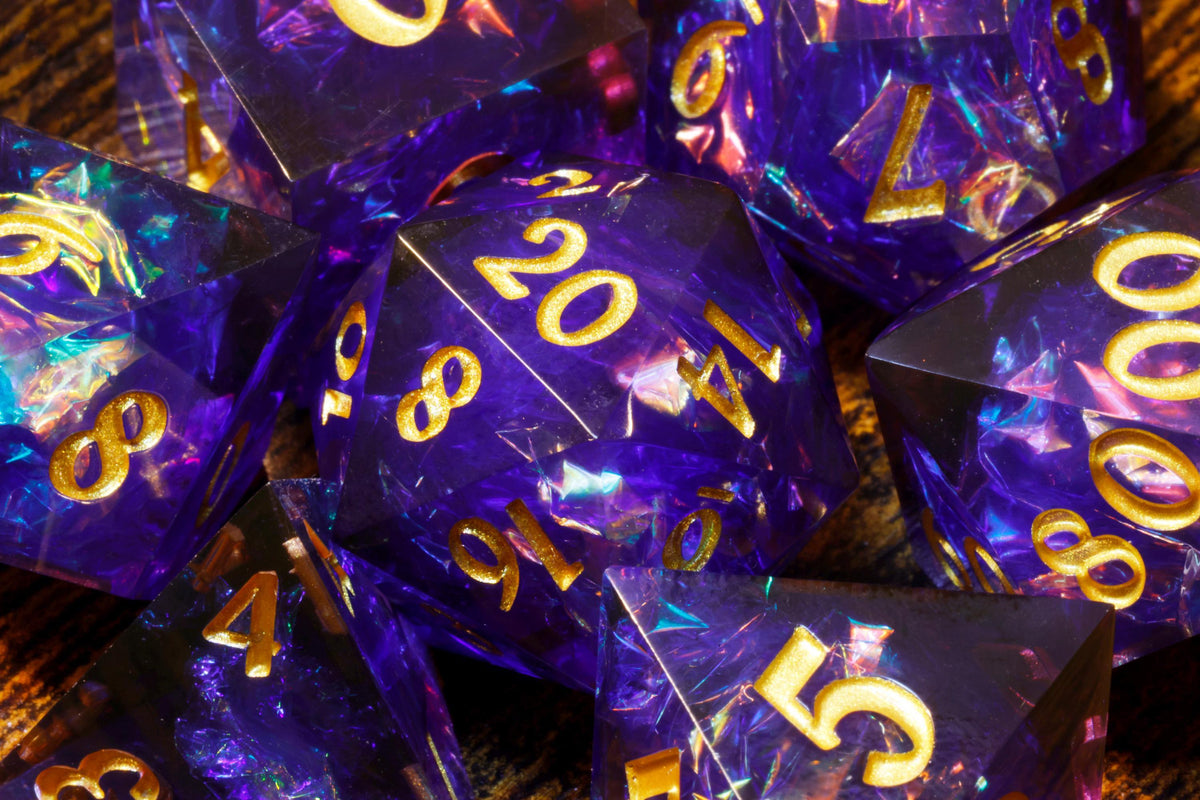 Sacred Amethyst 7-Piece Sharp Edge Dice Set – Purple and Blue with Holographic Foil – photo 2