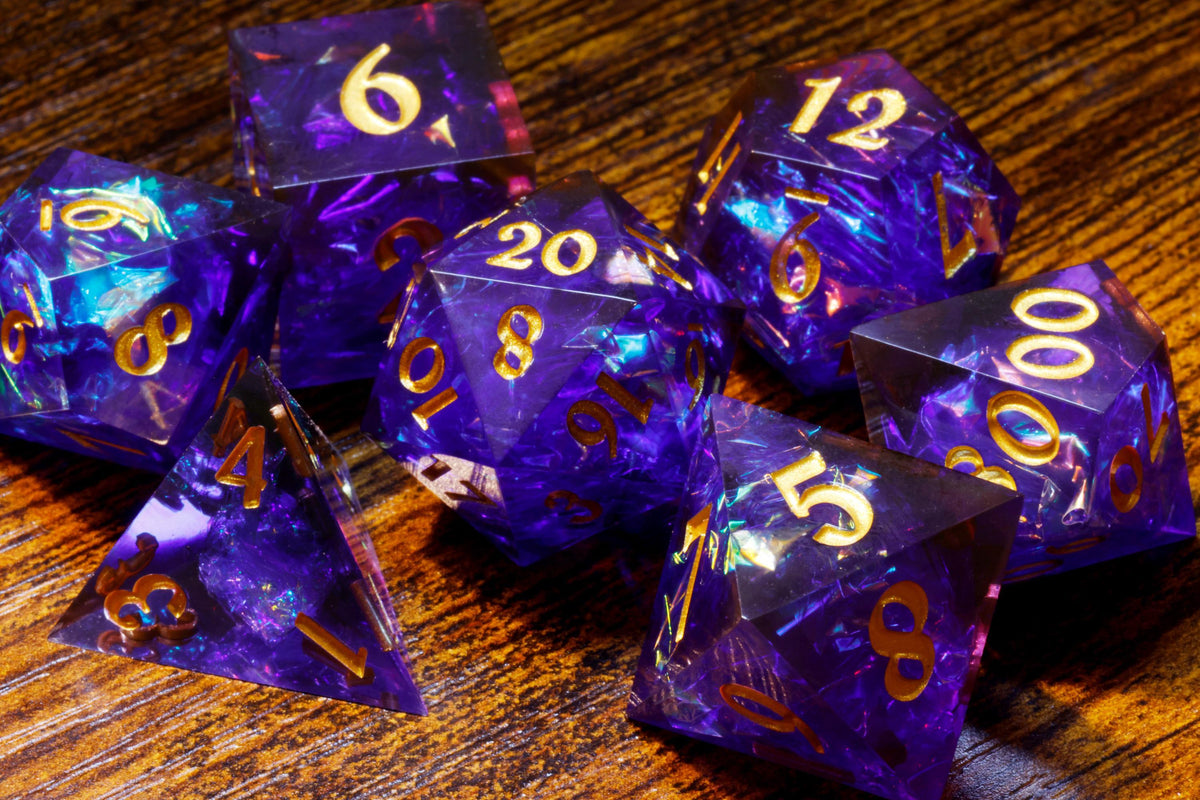 Sacred Amethyst 7-Piece Sharp Edge Dice Set – Purple and Blue with Holographic Foil – photo 4
