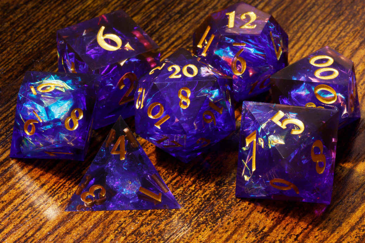Sacred Amethyst 7-Piece Sharp Edge Dice Set – Purple and Blue with Holographic Foil – photo 6