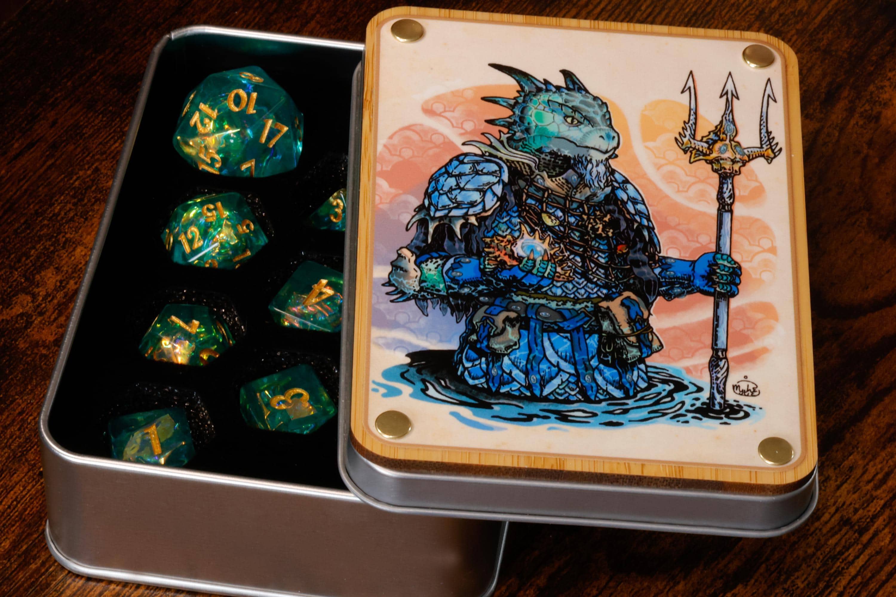 Ocean Opal Turtle Dragonborn Guardian Dice Set and Box