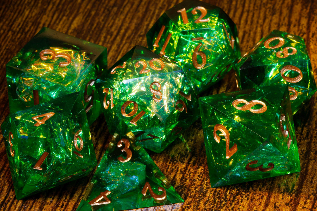 Sacred Emerald 7-Piece Sharp Edge Dice Set – Green with Holographic Foil – photo 3