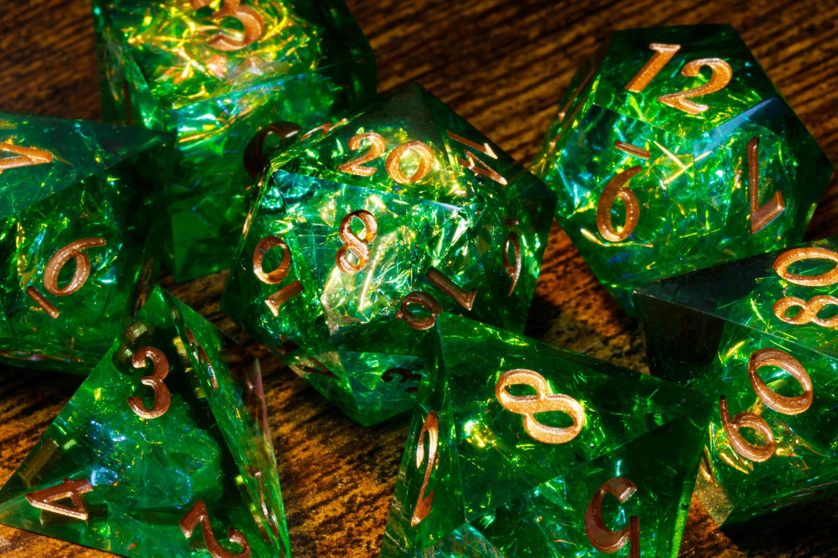 Sacred Emerald 7-Piece Sharp Edge Dice Set – Green with Holographic Foil – photo 4