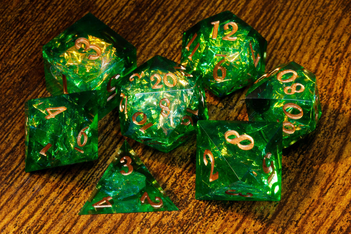 Sacred Emerald 7-Piece Sharp Edge Dice Set – Green with Holographic Foil – photo 5