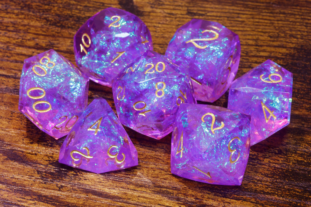 Glimmerveil Opal 7-Piece Sharp Edge Dice Set – Purple with Holographic Foil – photo 3