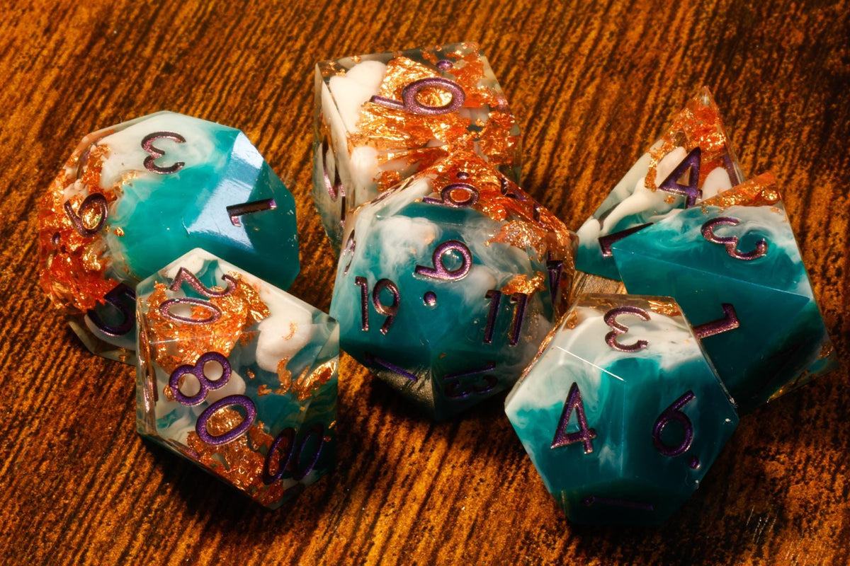 Verdant Elixir 7-Piece Sharp Edge Dice Set – Green and White Resin with Copper Flakes – photo 2
