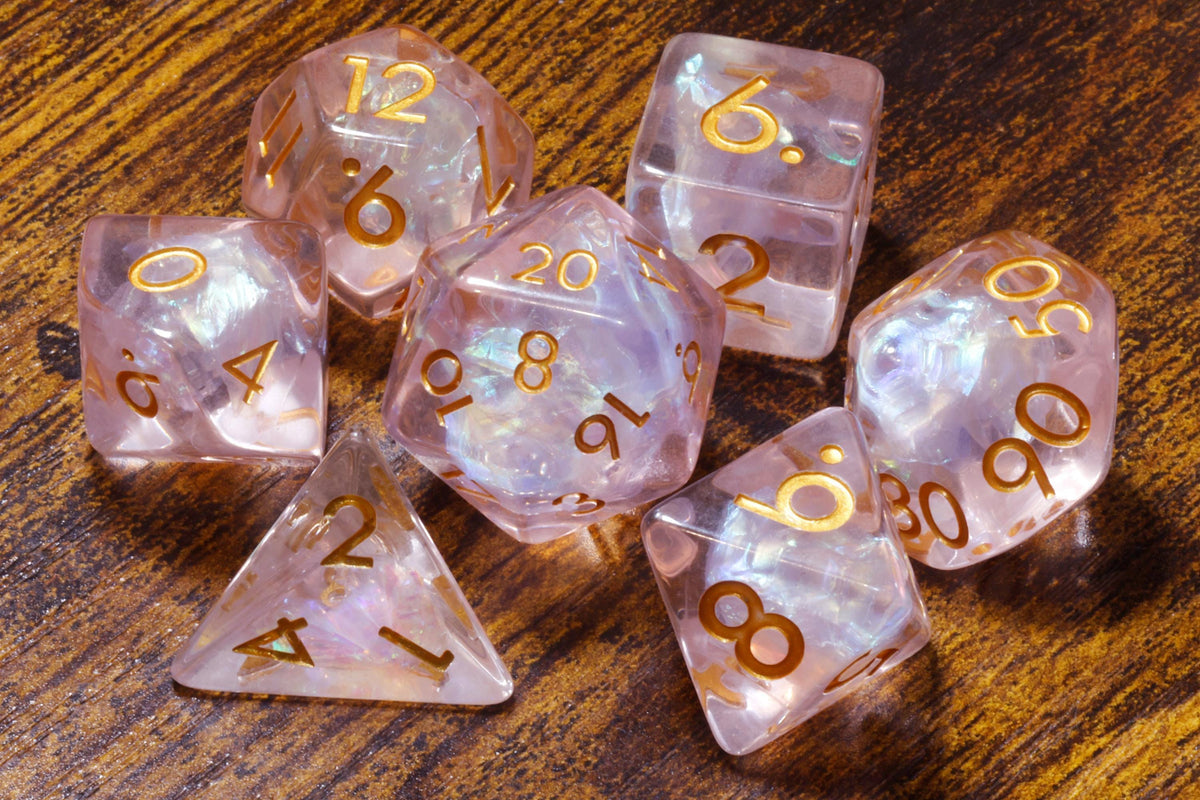 Roselight Prism 7-Piece Dice Set – Light Pink Clear Resin with Holographic Foil