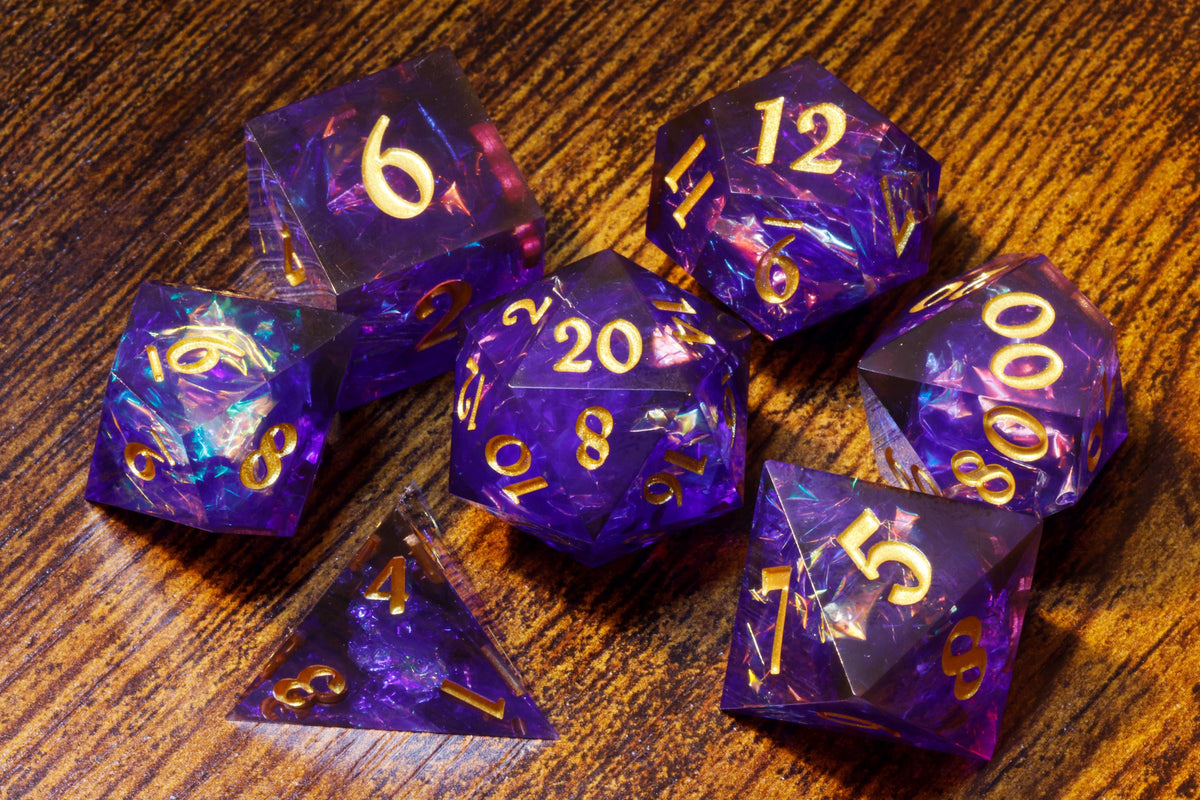 Sacred Amethyst 7-Piece Sharp Edge Dice Set – Purple and Blue with Holographic Foil – photo 3
