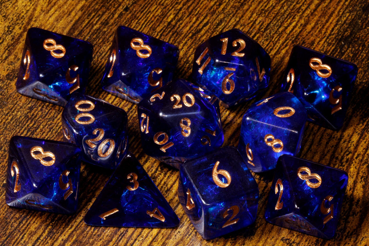 Cobalt Opal dice set, dark blue resin with holographic inclusions and glitter