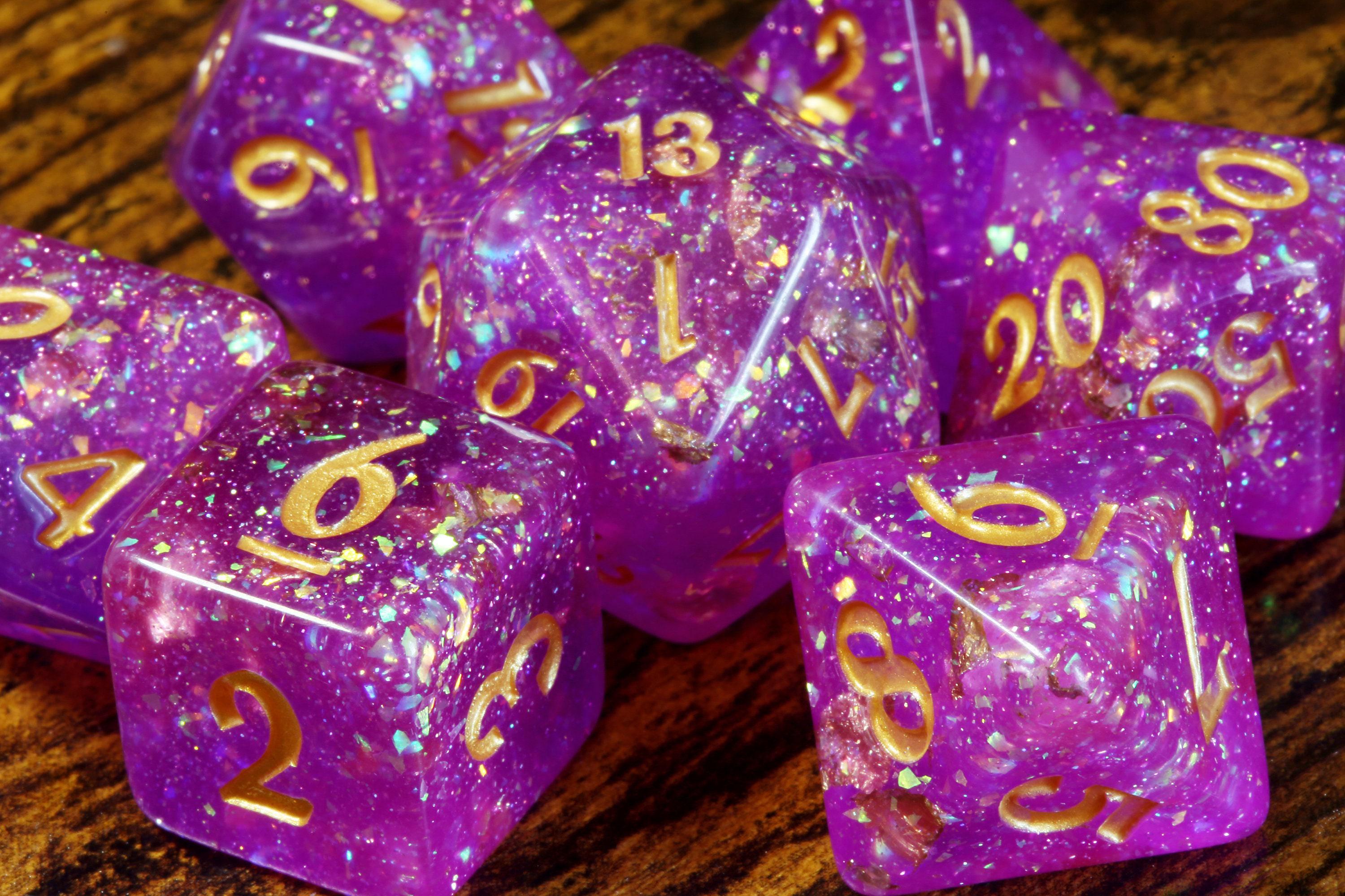Oracleshard Opal Dice Set - Purple Magenta with Gold Flakes