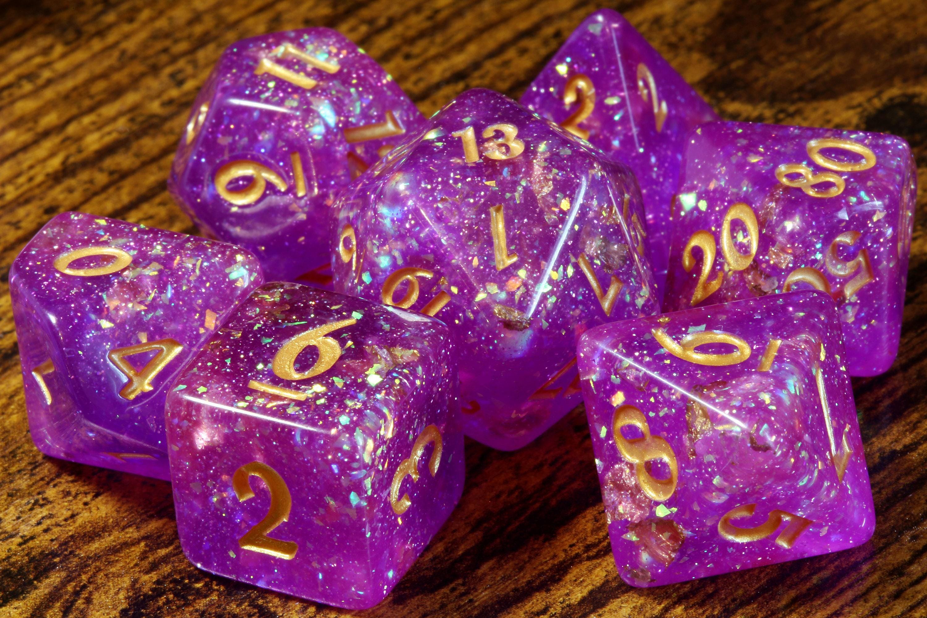 Oracleshard Opal Dice Set - Purple Magenta with Gold Flakes