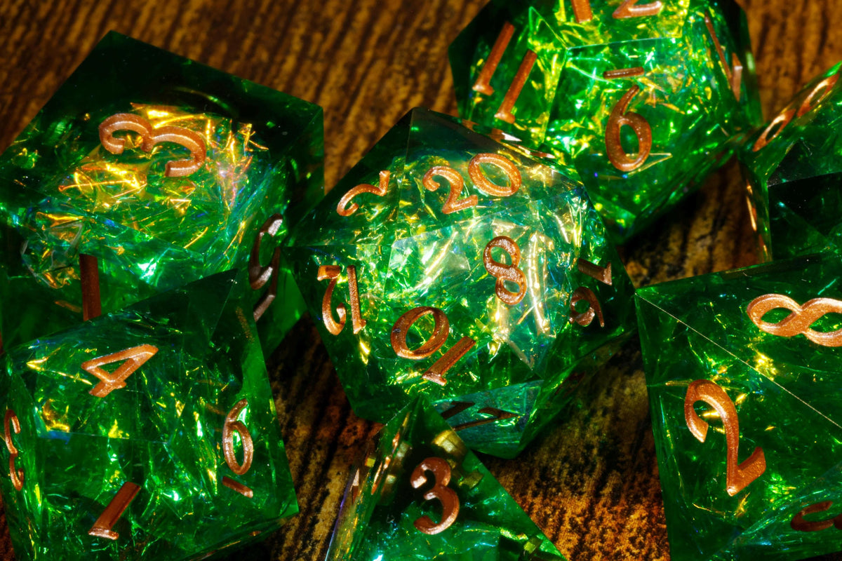 Sacred Emerald 7-Piece Sharp Edge Dice Set – Green with Holographic Foil – photo 2