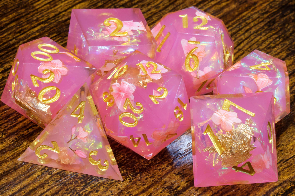 Hibiscus Dream 7-Piece Dice Set -Sharp Edge floral Dice Set, perfect – Pink, Holographic Foil, Sharp Edge