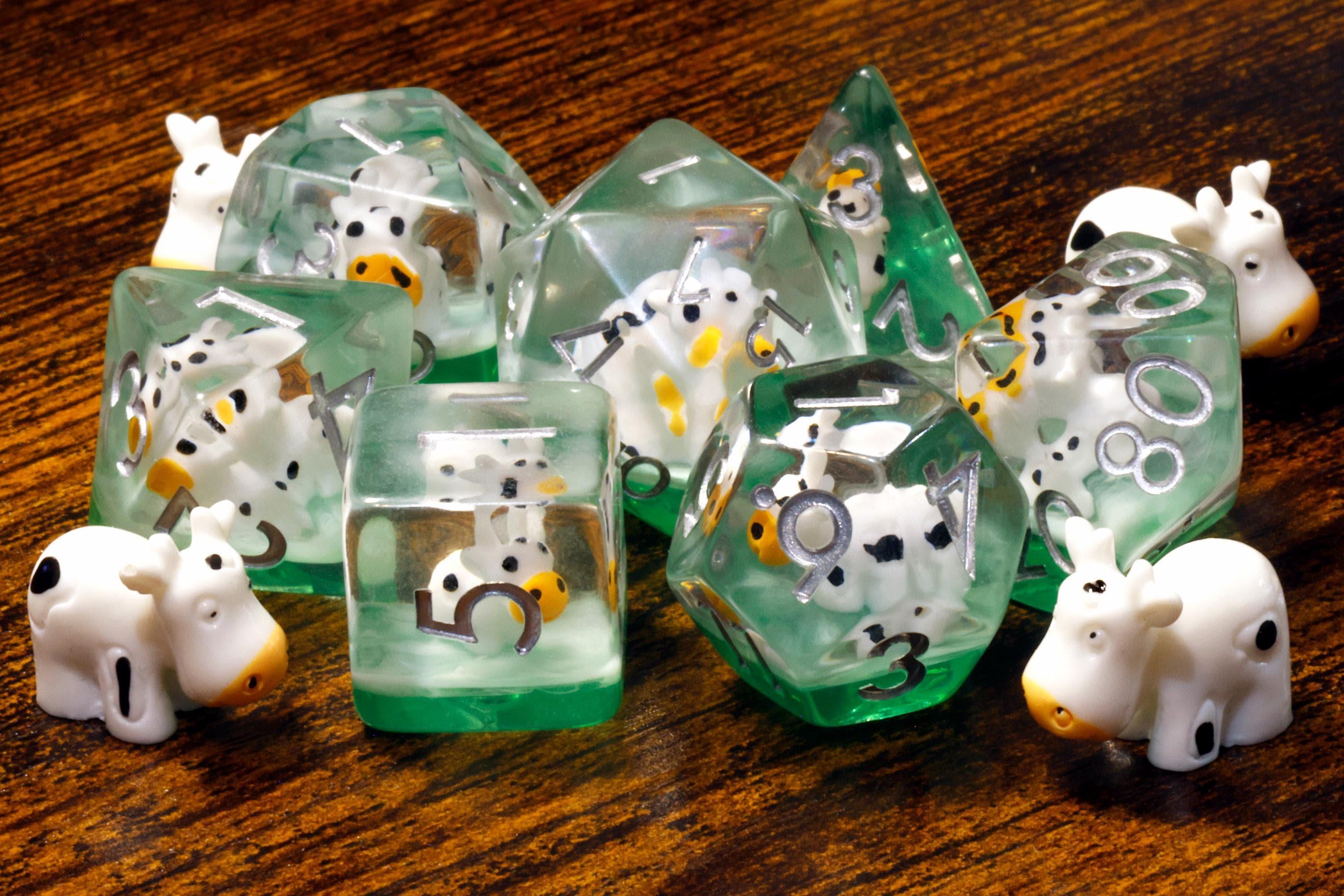 Cow 7-piece polyhedral dice set with miniature cow inclusions