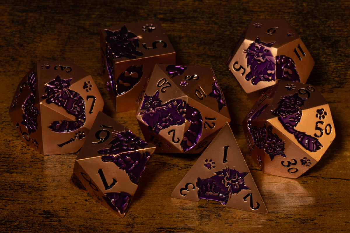 Meowgic 7-Piece Metal Dice Set – Copper with Purple Cats – photo 1
