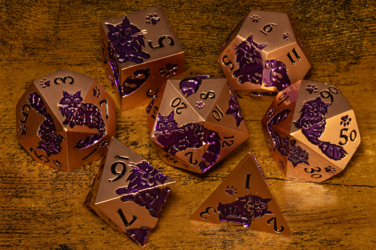 Meowgic 7-Piece Metal Dice Set – Copper with Purple Cats – photo 2