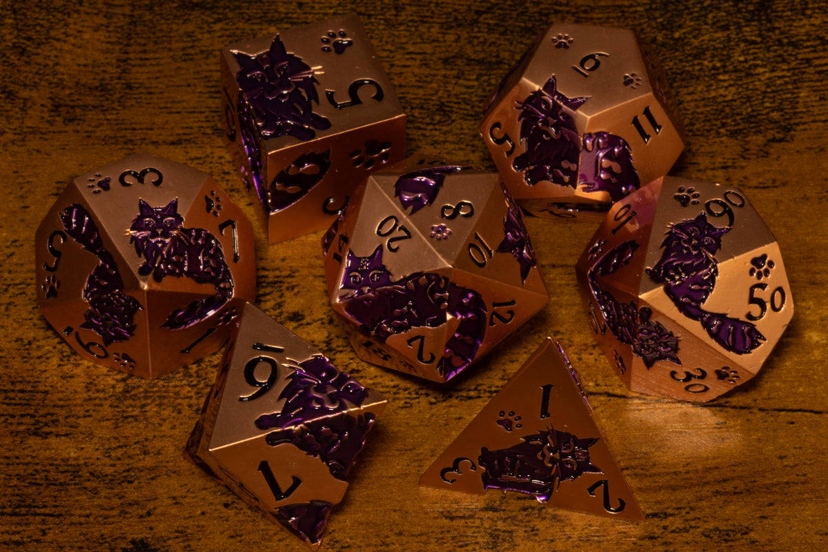 Meowgic 7-Piece Metal Dice Set – Copper with Purple Cats – photo 2