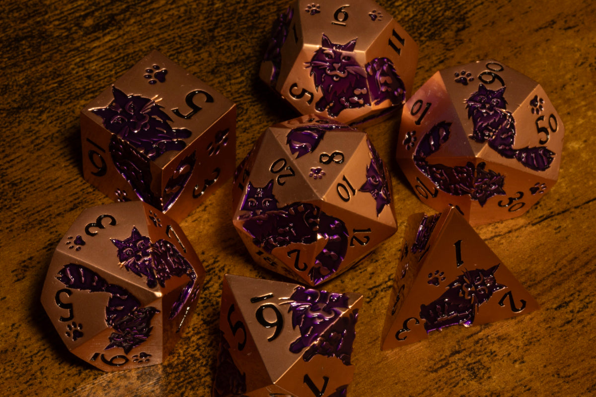 Meowgic 7-Piece Metal Dice Set – Copper with Purple Cats – photo 3
