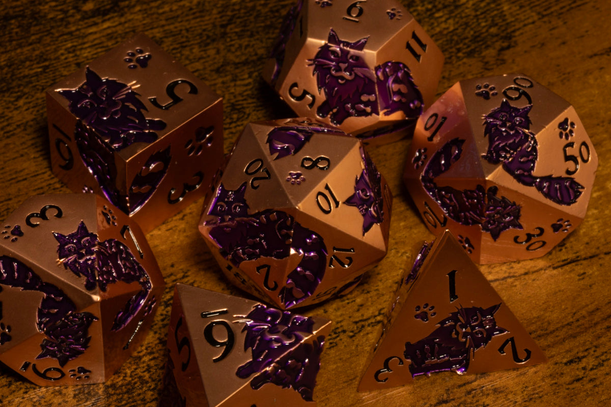 Meowgic 7-Piece Metal Dice Set – Copper with Purple Cats – photo 4