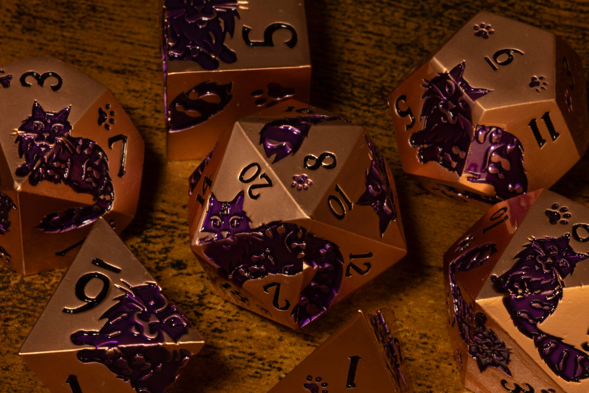 Meowgic 7-Piece Metal Dice Set – Copper with Purple Cats – photo 5